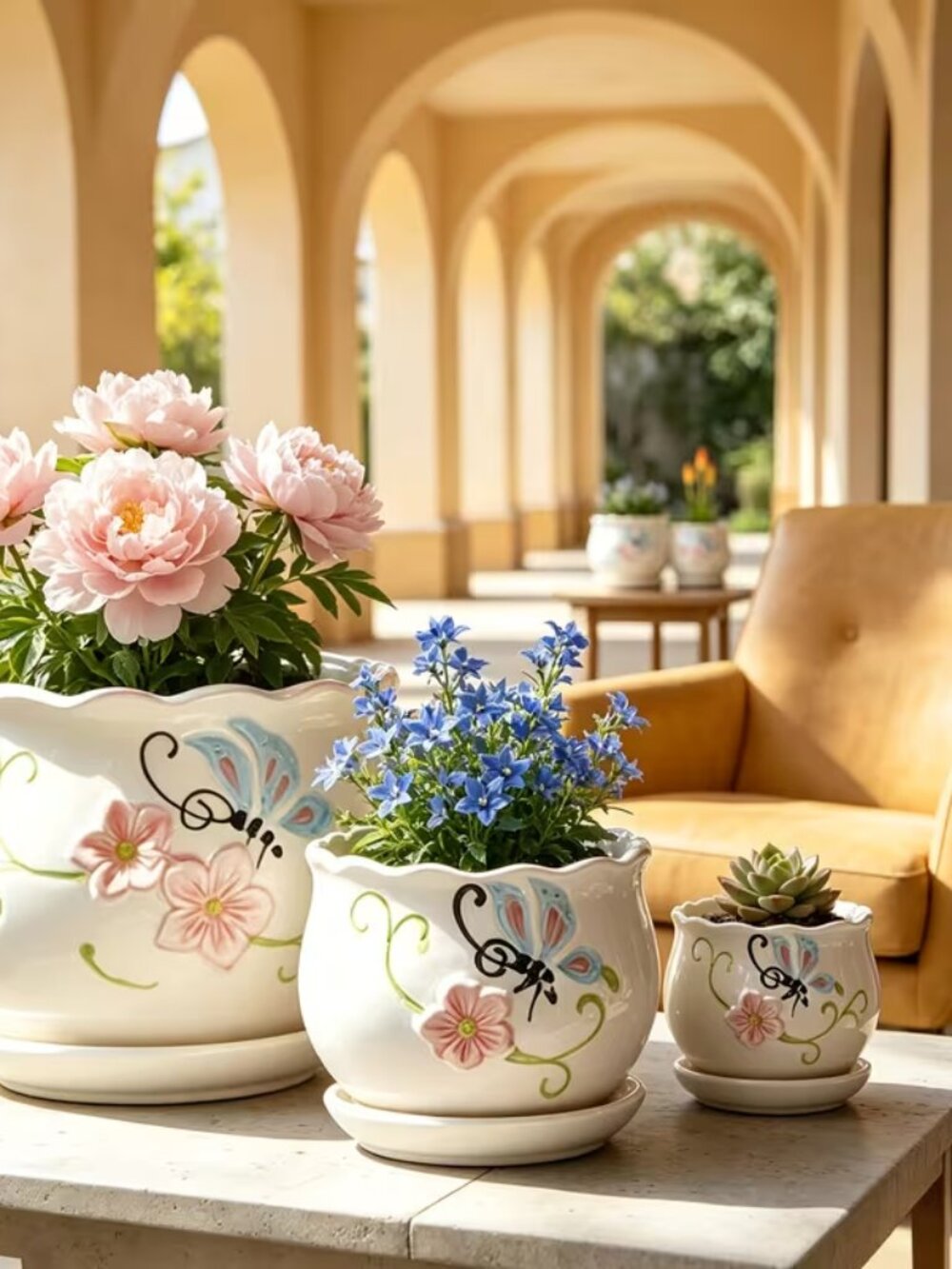 Butterfly/Flowers Ceramic Planters - set of 3 - set must be purchased separately - Picture 3 of 3